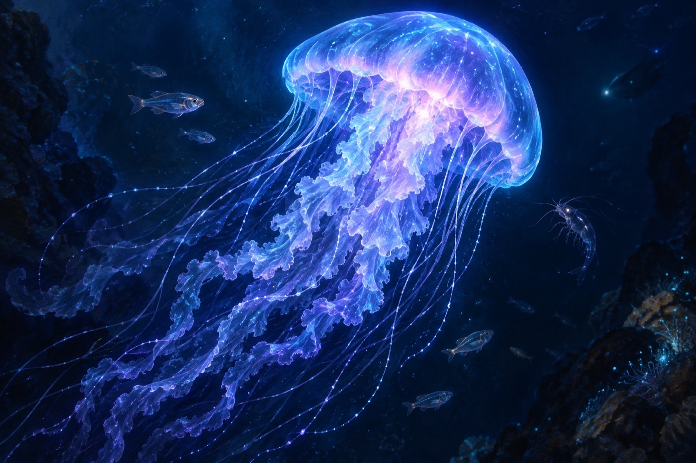 Painted luminous jellyfish glowing in the deep sea