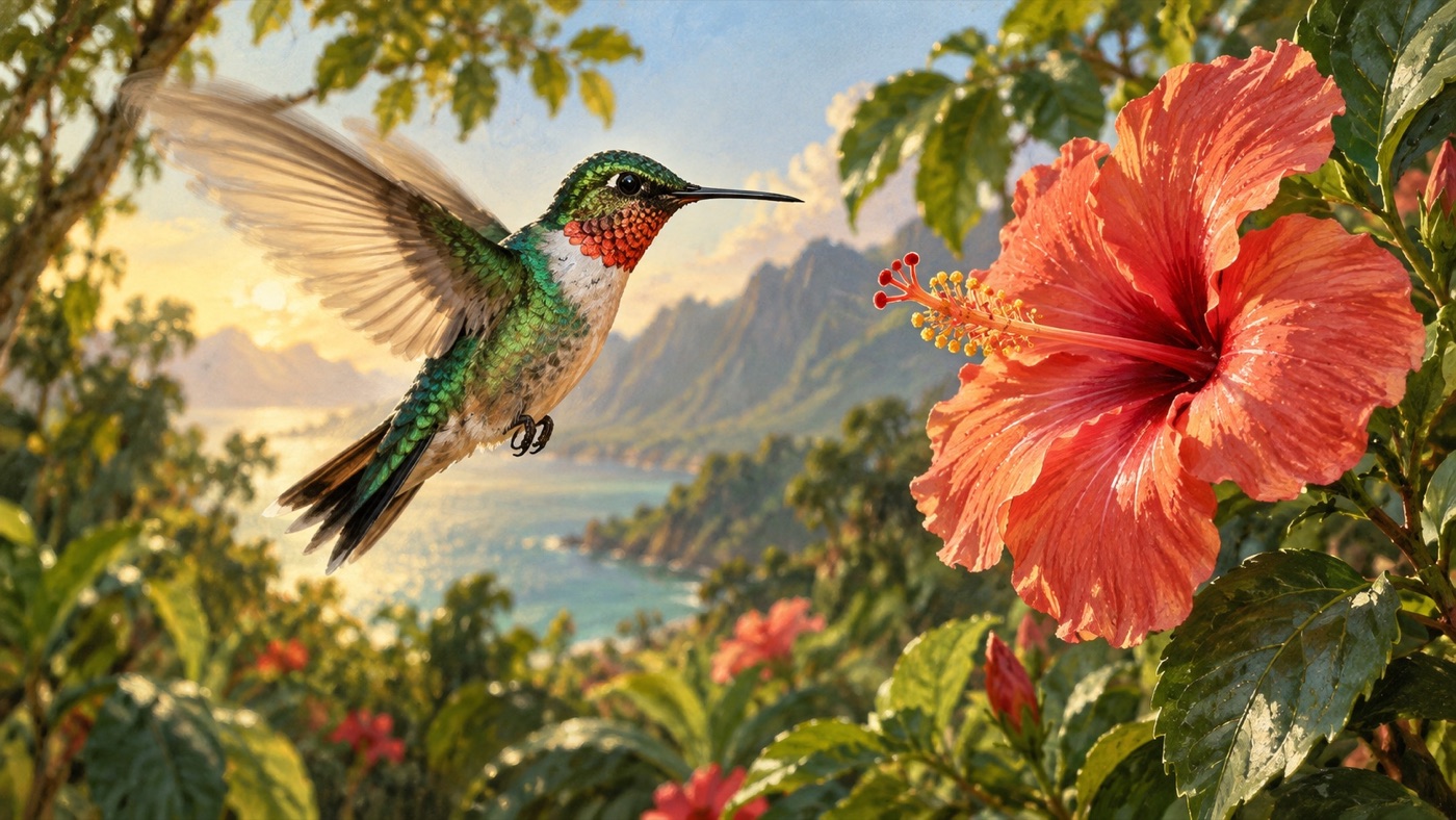 Painted hummingbird hovering near a flower