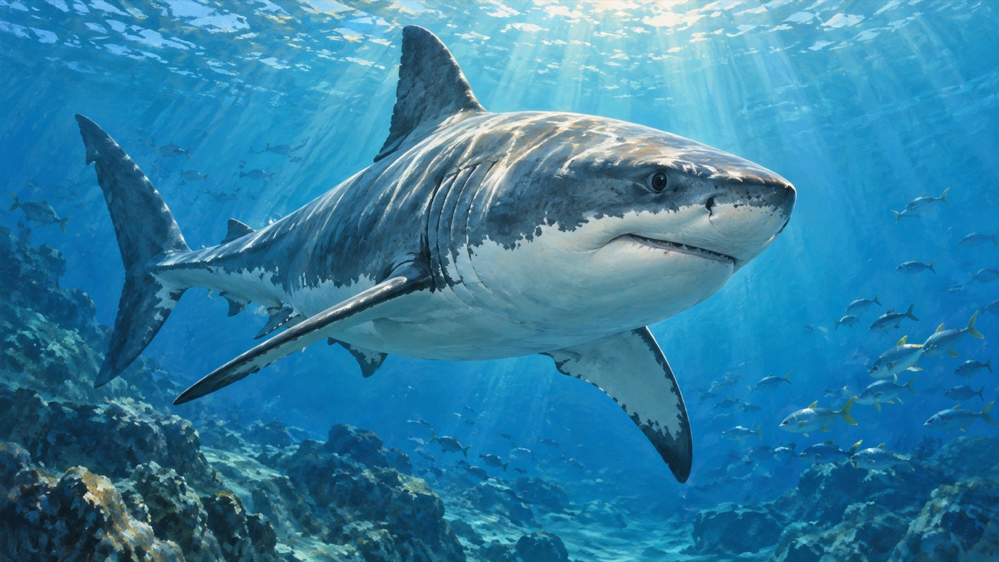 Painted shark swimming through blue water